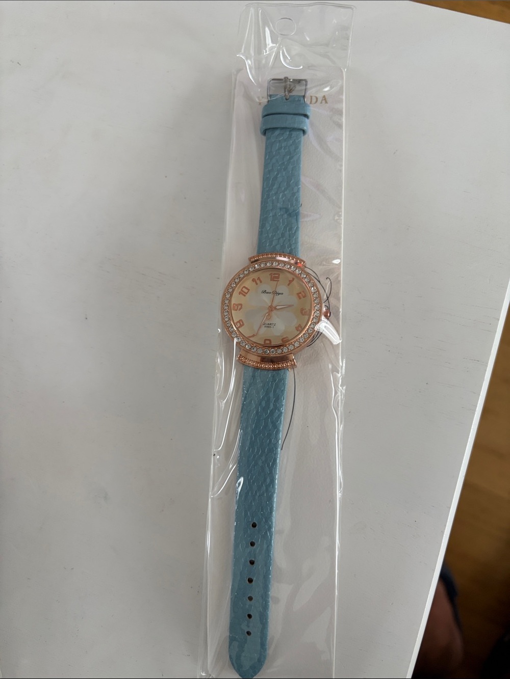 Women's Light Blue Leather Strap Watch with Rose Gold Crystal Bezel